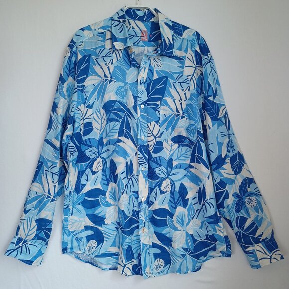 J. McLaughlin Other - J McLaughlin Linen Shirt Mens Blue Tropical Print Long Sleeve Button Up Size Med